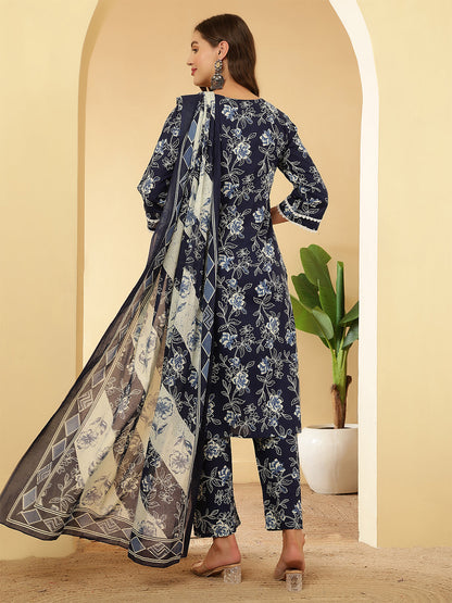 Navy Blue Printed Straight Kurta Set With Dupatta for Women