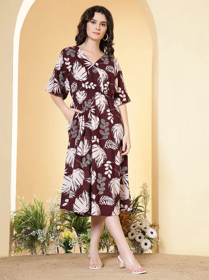 Burgundy Floral Printed Dress for Women