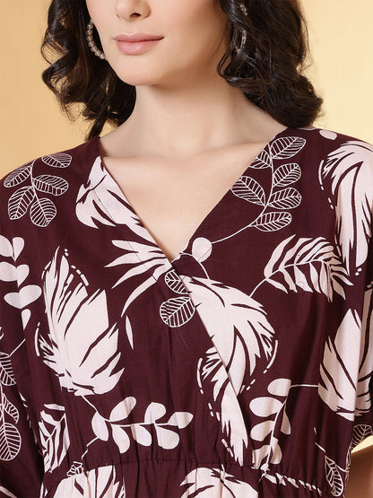 Burgundy Floral Printed Dress for Women