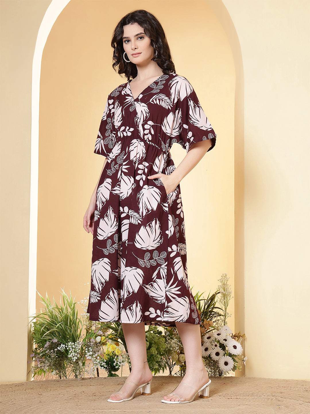 Burgundy Floral Printed Dress for Women