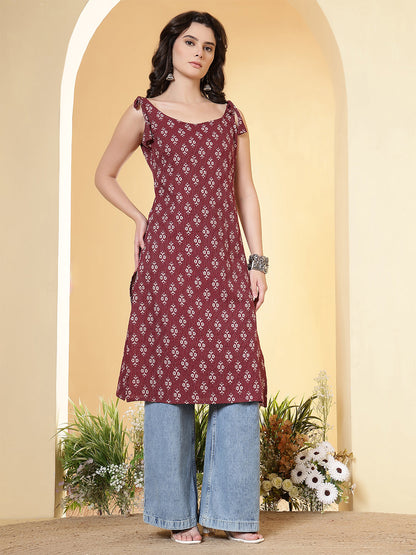 Burgundy Printed Stylish Back Straight Sleeveless Kurta