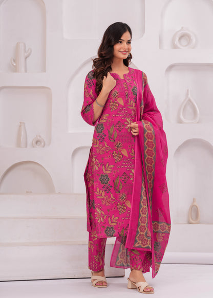 Printed Straight Kurta Set With Dupatta for Women
