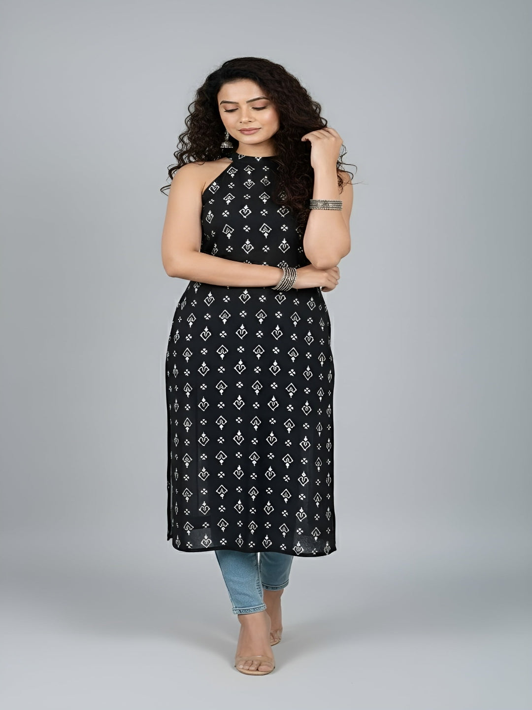 Black Printed Stylish Back Straight Sleeveless Kurta