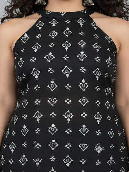 Black Printed Stylish Back Straight Sleeveless Kurta