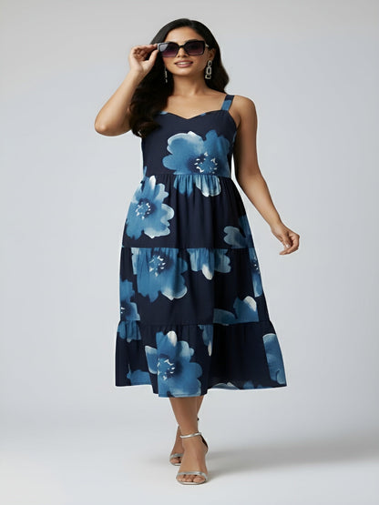 Navy Blue Floral Printed Dress for Women