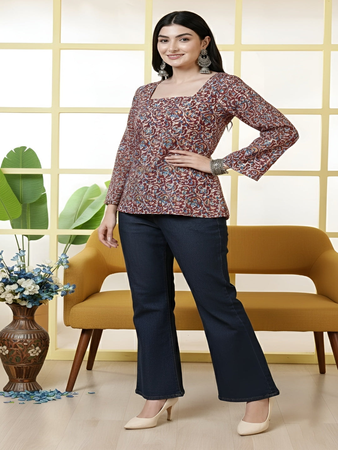 Women Maroon Printed Straight Tunic