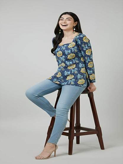 Women Blue Printed Straight Tunic