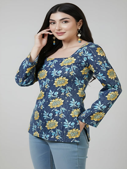 Women Blue Printed Straight Tunic
