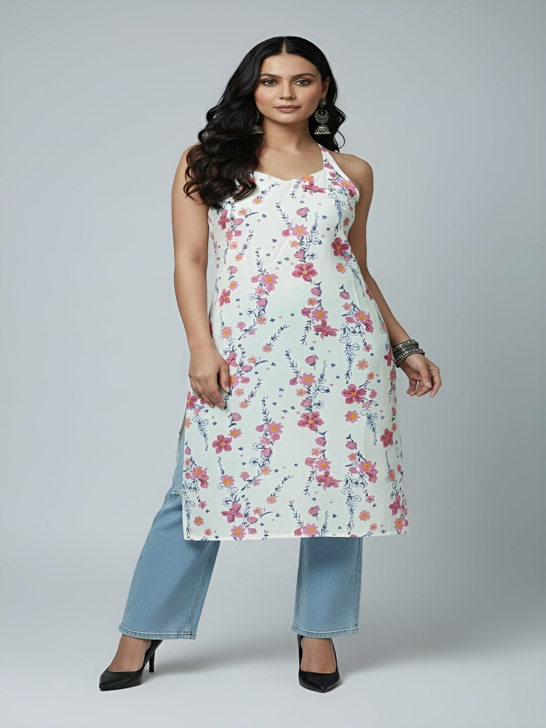 White Printed Stylish Back Straight Sleeveless Kurta