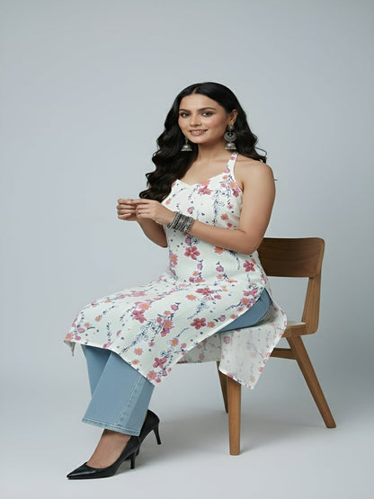 White Printed Stylish Back Straight Sleeveless Kurta