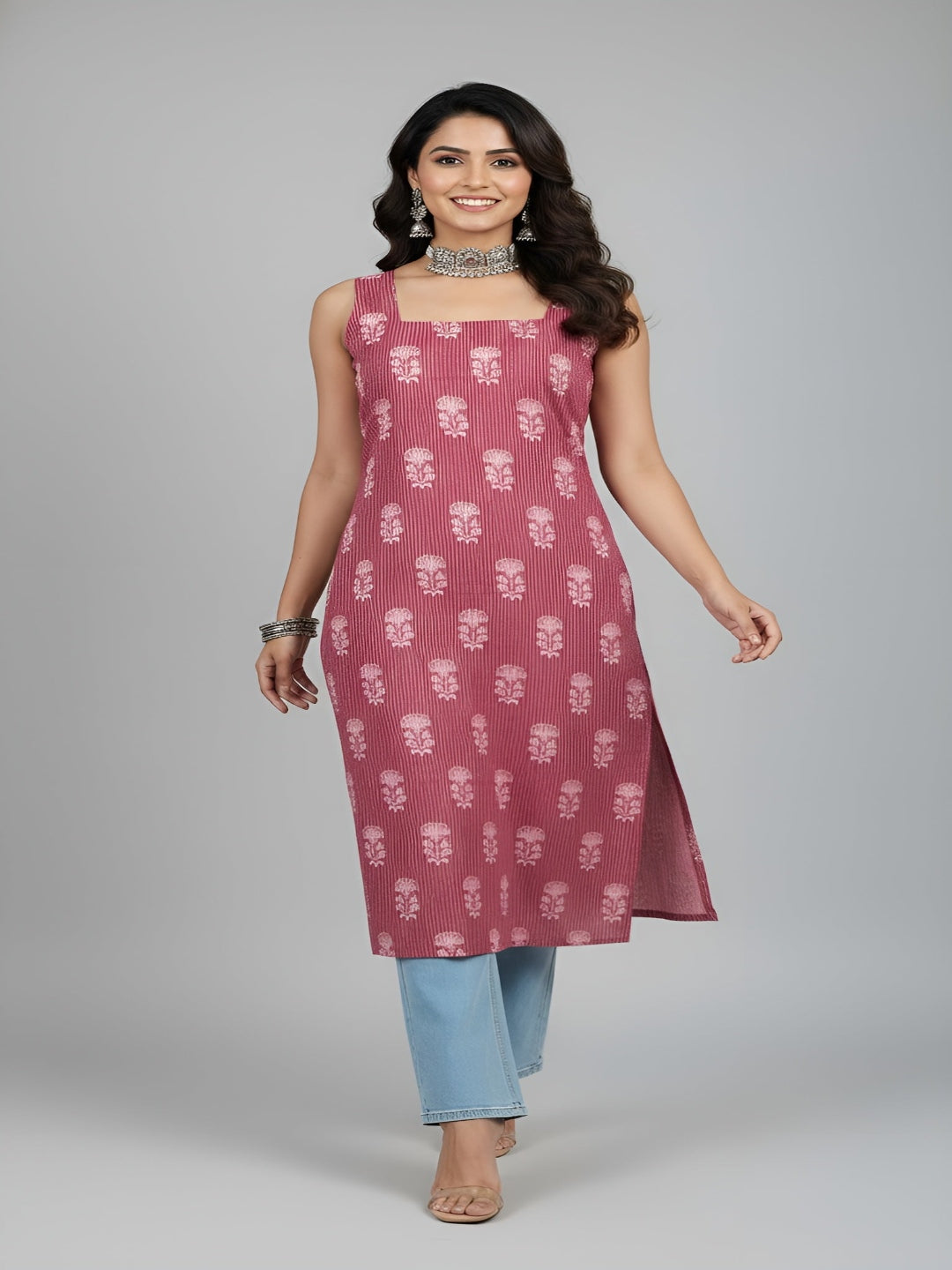 Mauve Printed Stylish Back Straight Sleeveless Kurta