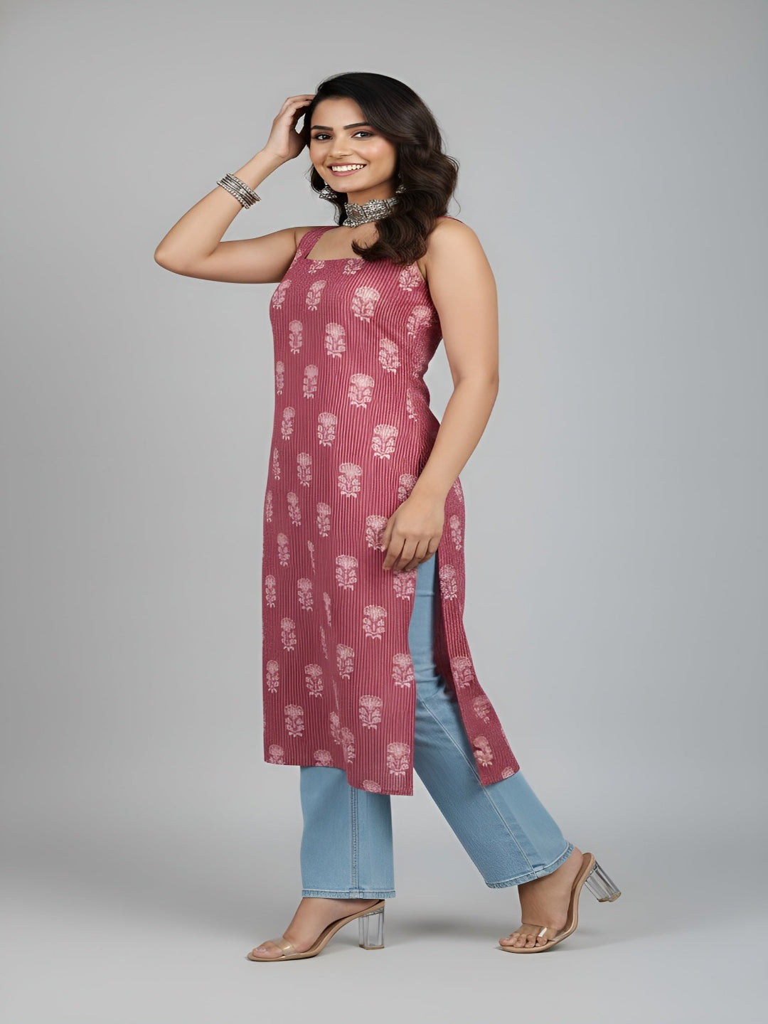 Mauve Printed Stylish Back Straight Sleeveless Kurta