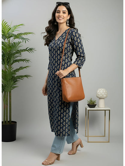Printed Straight Kurta with Three Quarter Sleeves