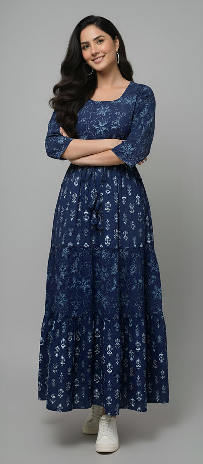 Navy Floral Printed Dress for Women