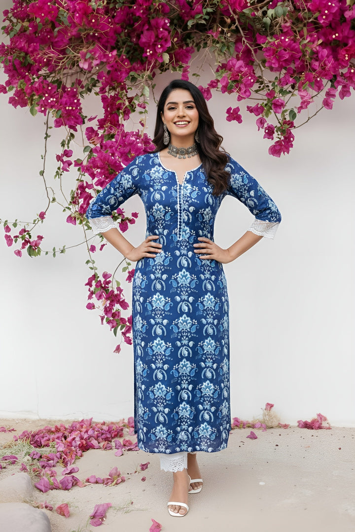 Printed Straight Kurta with Three Quarter Sleeves