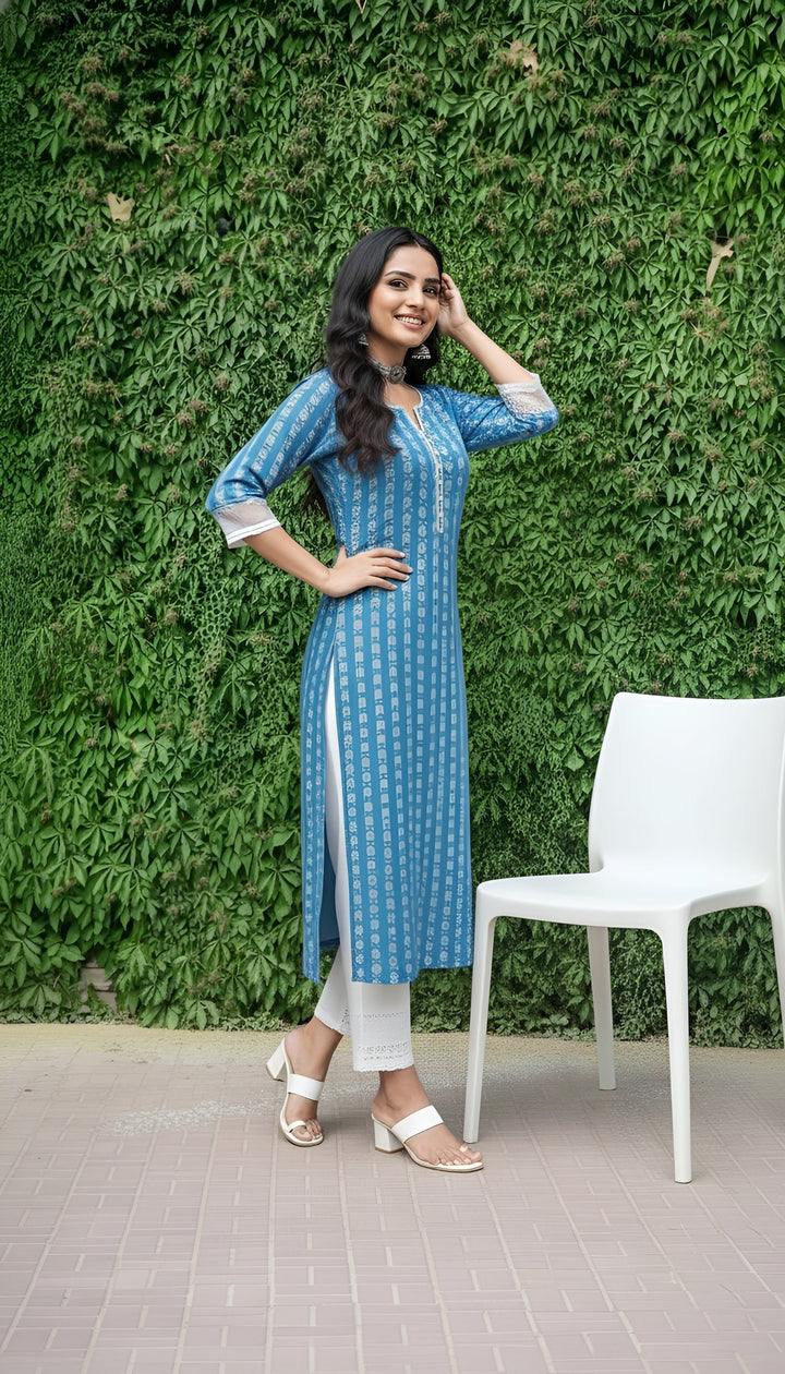 Printed Straight Kurta with Three Quarter Sleeves