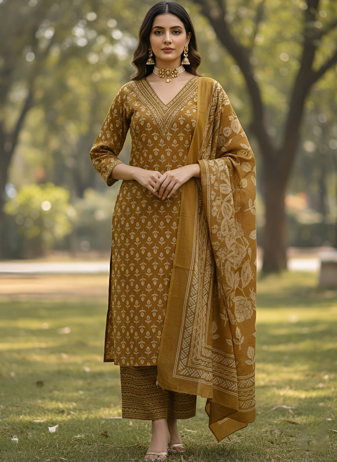 Ochre Printed Straight Kurta Set With Dupatta for Women