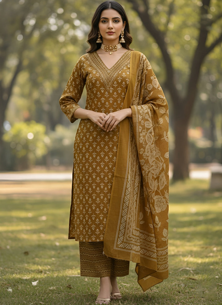 Ochre Printed Straight Kurta Set With Dupatta for Women