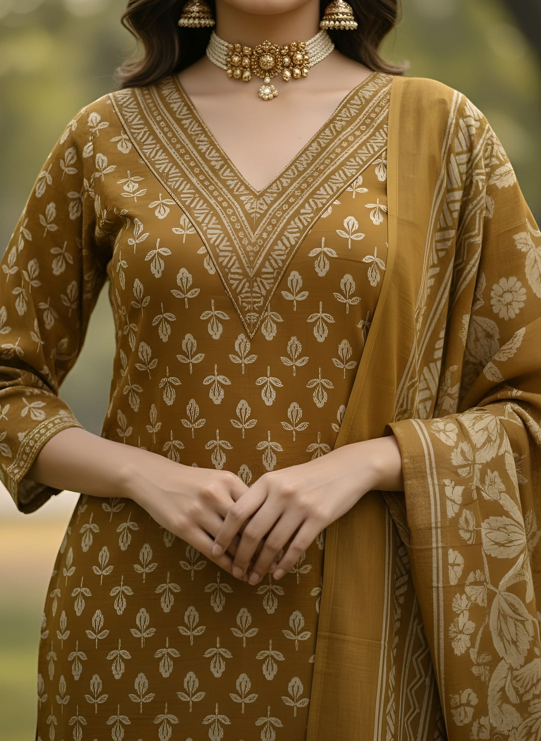 Ochre Printed Straight Kurta Set With Dupatta for Women