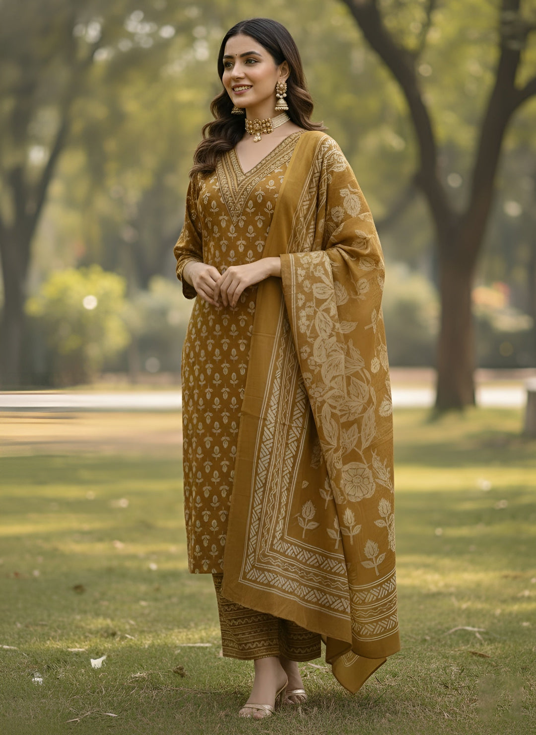 Ochre Printed Straight Kurta Set With Dupatta for Women