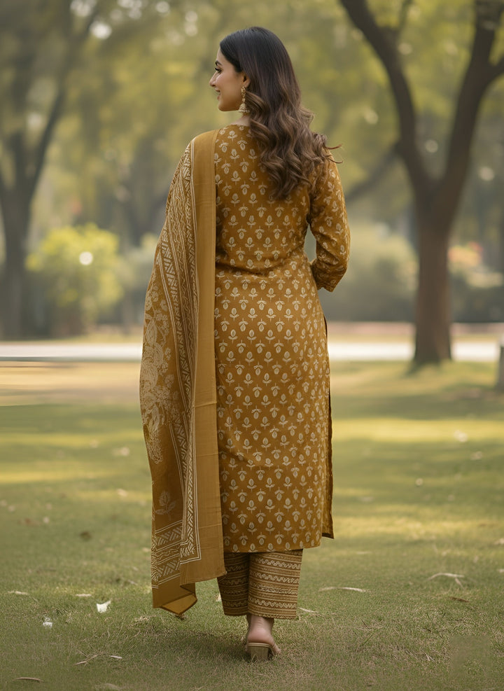 Ochre Printed Straight Kurta Set With Dupatta for Women