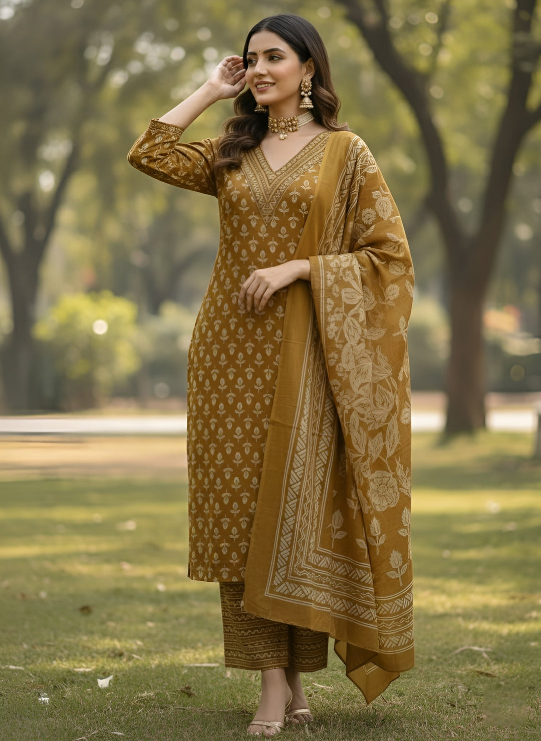Ochre Printed Straight Kurta Set With Dupatta for Women