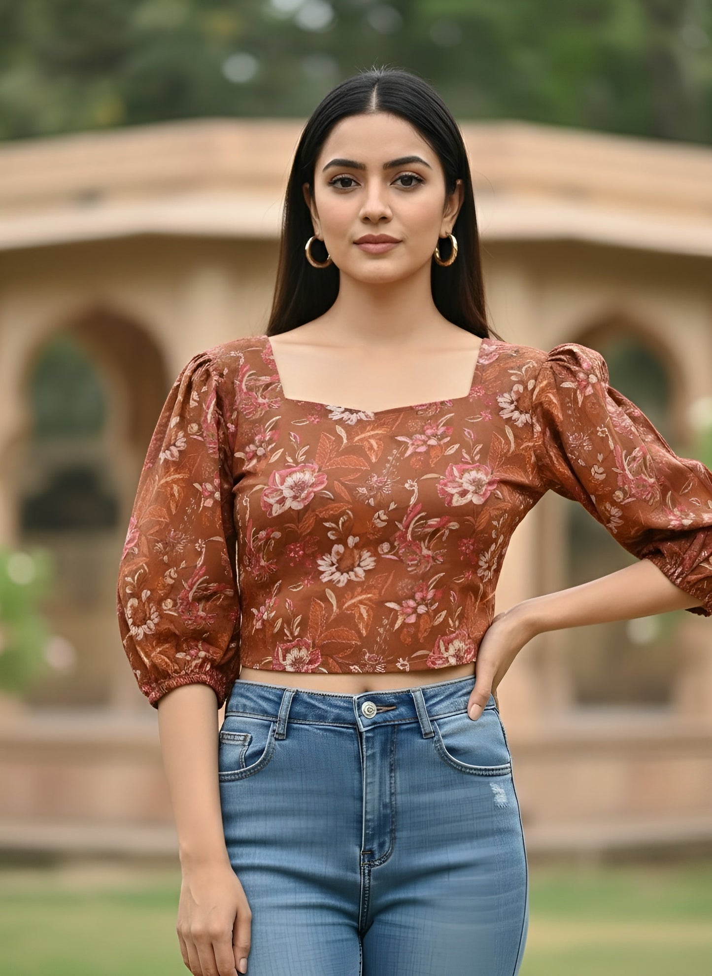 Printed Straight Crop Top With 3/4 Sleeves