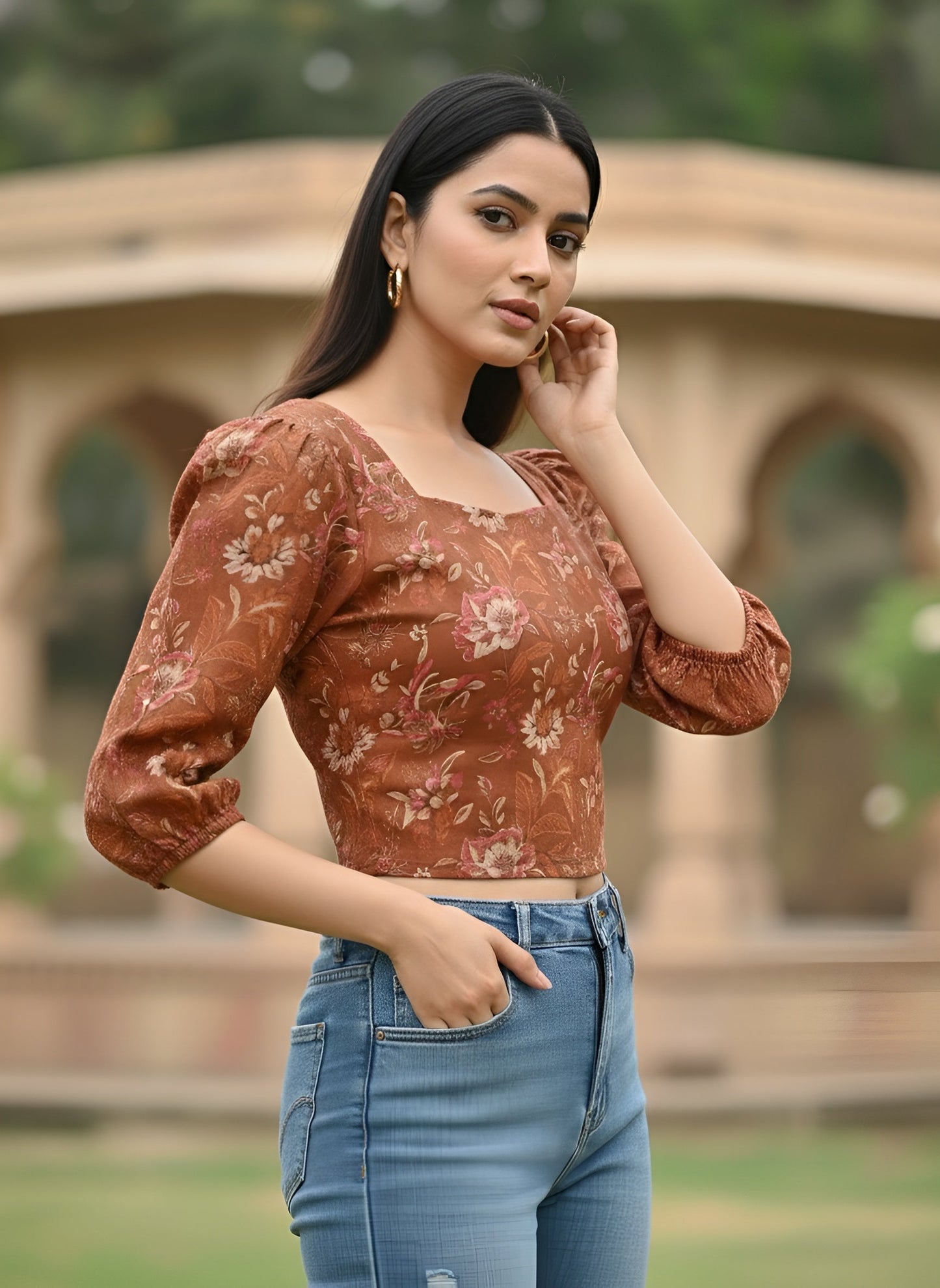 Printed Straight Crop Top With 3/4 Sleeves