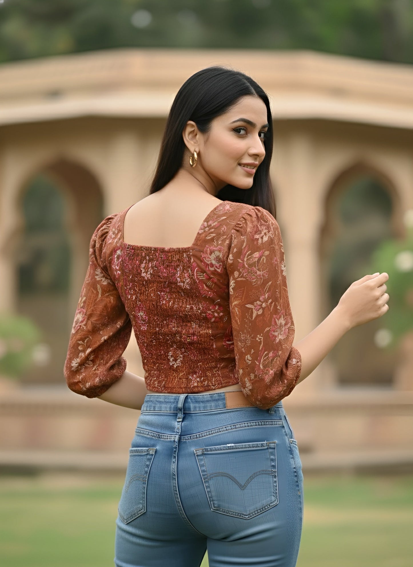 Printed Straight Crop Top With 3/4 Sleeves