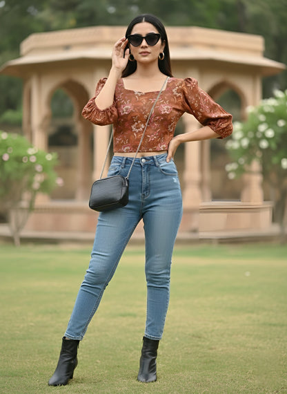 Printed Straight Crop Top With 3/4 Sleeves