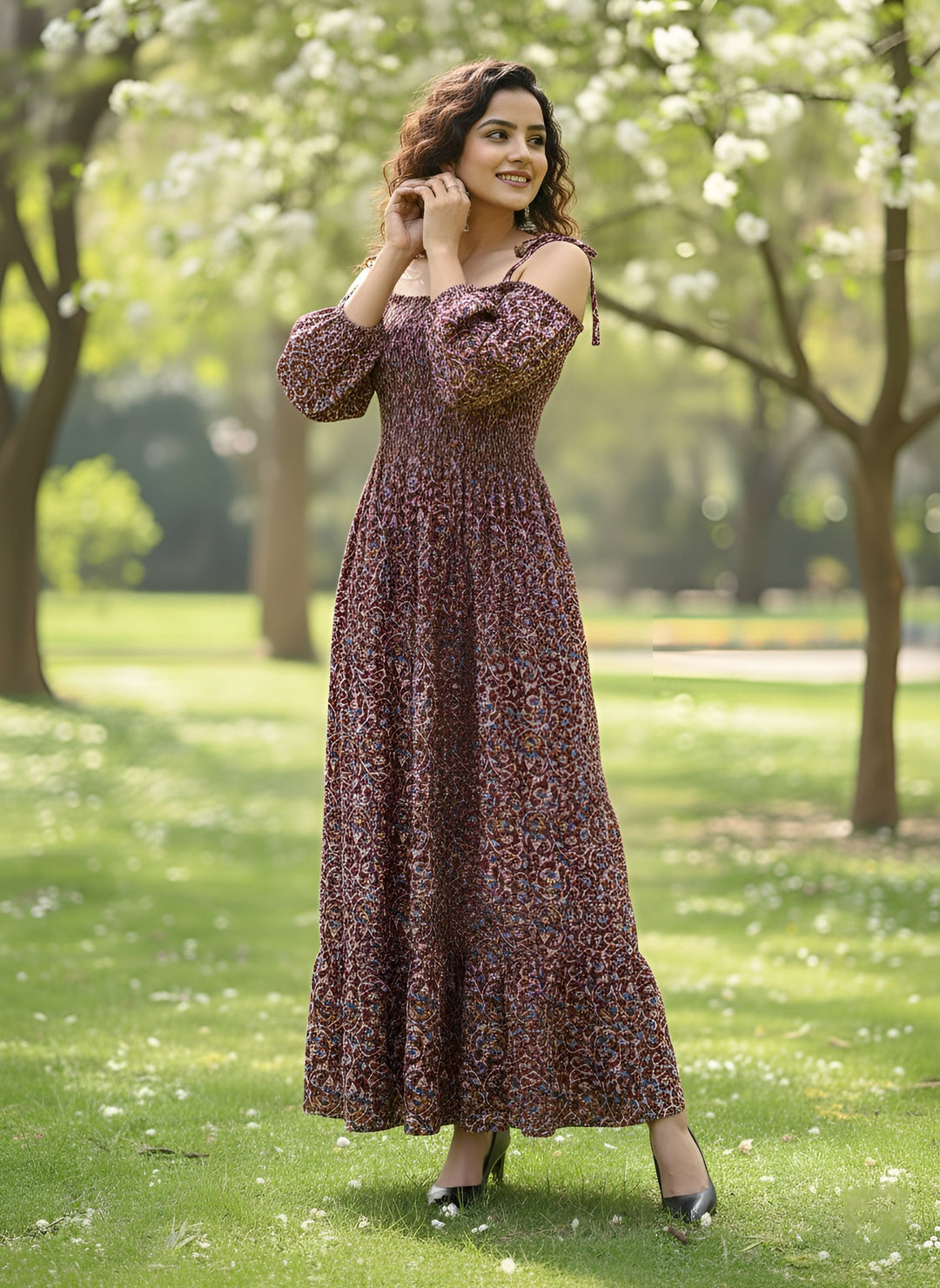 Printed Cold-Shoulder Sleeves Dress for Women