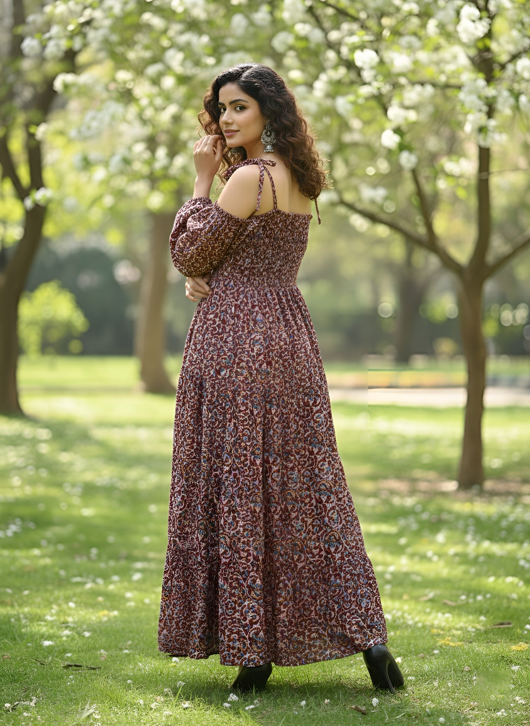 Printed Cold-Shoulder Sleeves Dress for Women