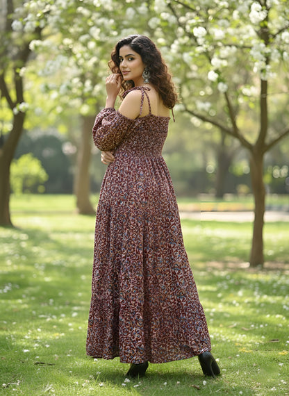 Printed Cold-Shoulder Sleeves Dress for Women