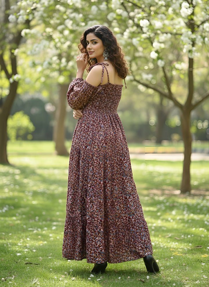Printed Cold-Shoulder Sleeves Dress for Women