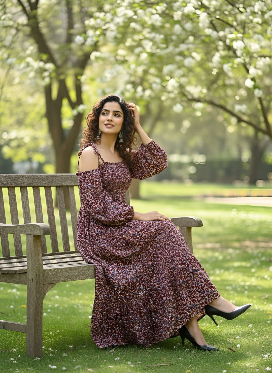 Printed Cold-Shoulder Sleeves Dress for Women