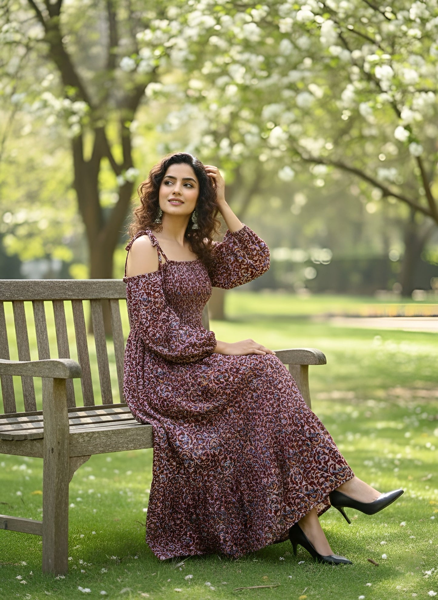 Printed Cold-Shoulder Sleeves Dress for Women