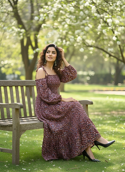 Printed Cold-Shoulder Sleeves Dress for Women