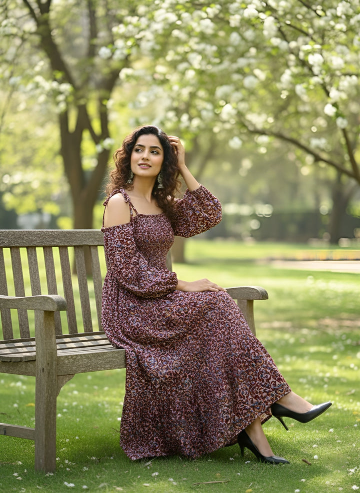 Printed Cold-Shoulder Sleeves Dress for Women