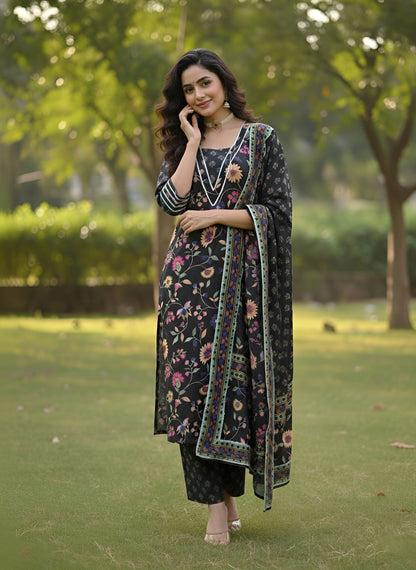 Floral Printed Straight Kurta Set With Dupatta for Women