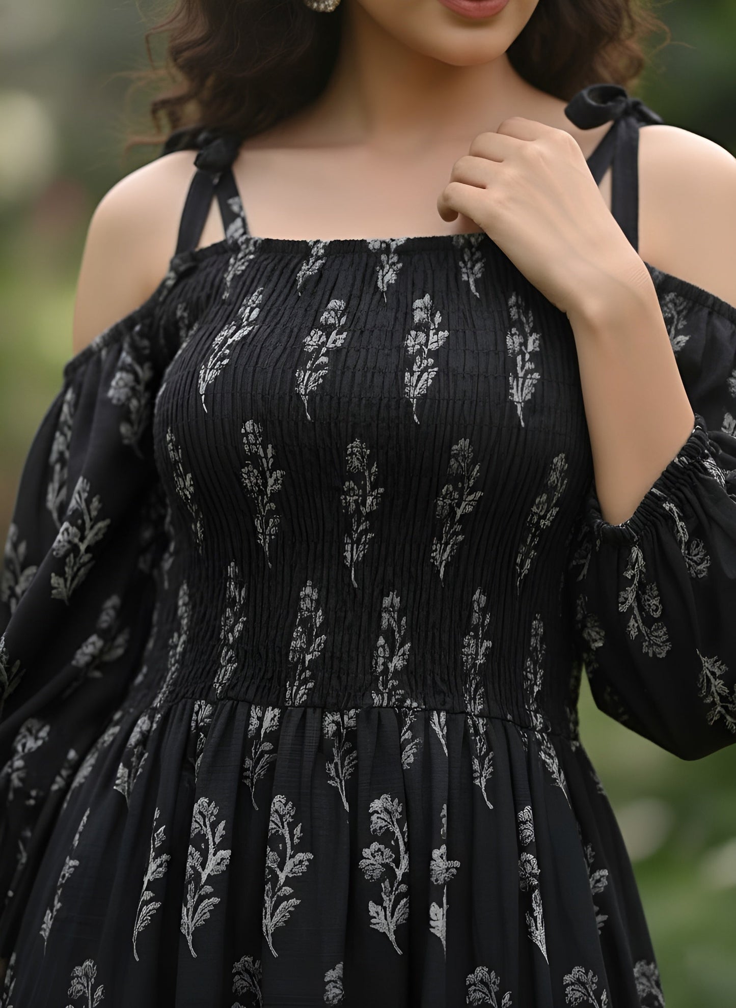 Printed Cold-Shoulder Sleeves Dress for Women