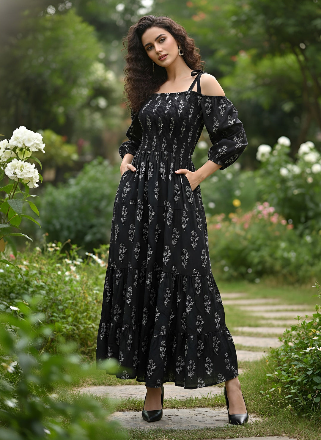 Printed Cold-Shoulder Sleeves Dress for Women