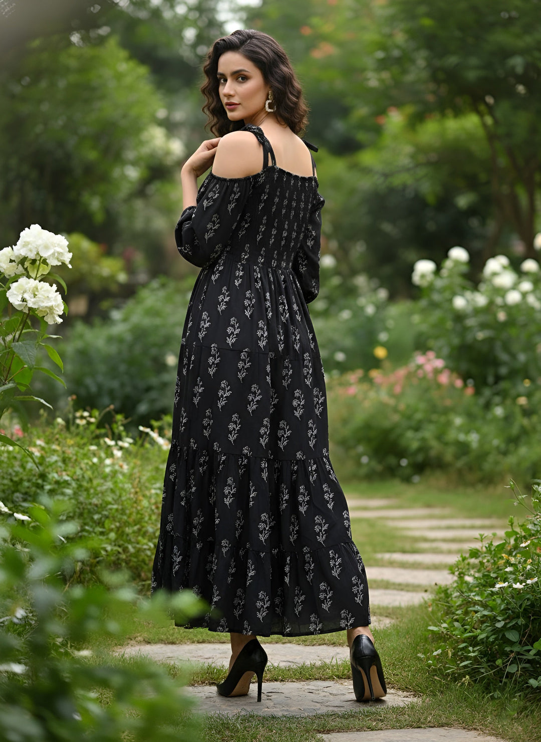 Printed Cold-Shoulder Sleeves Dress for Women