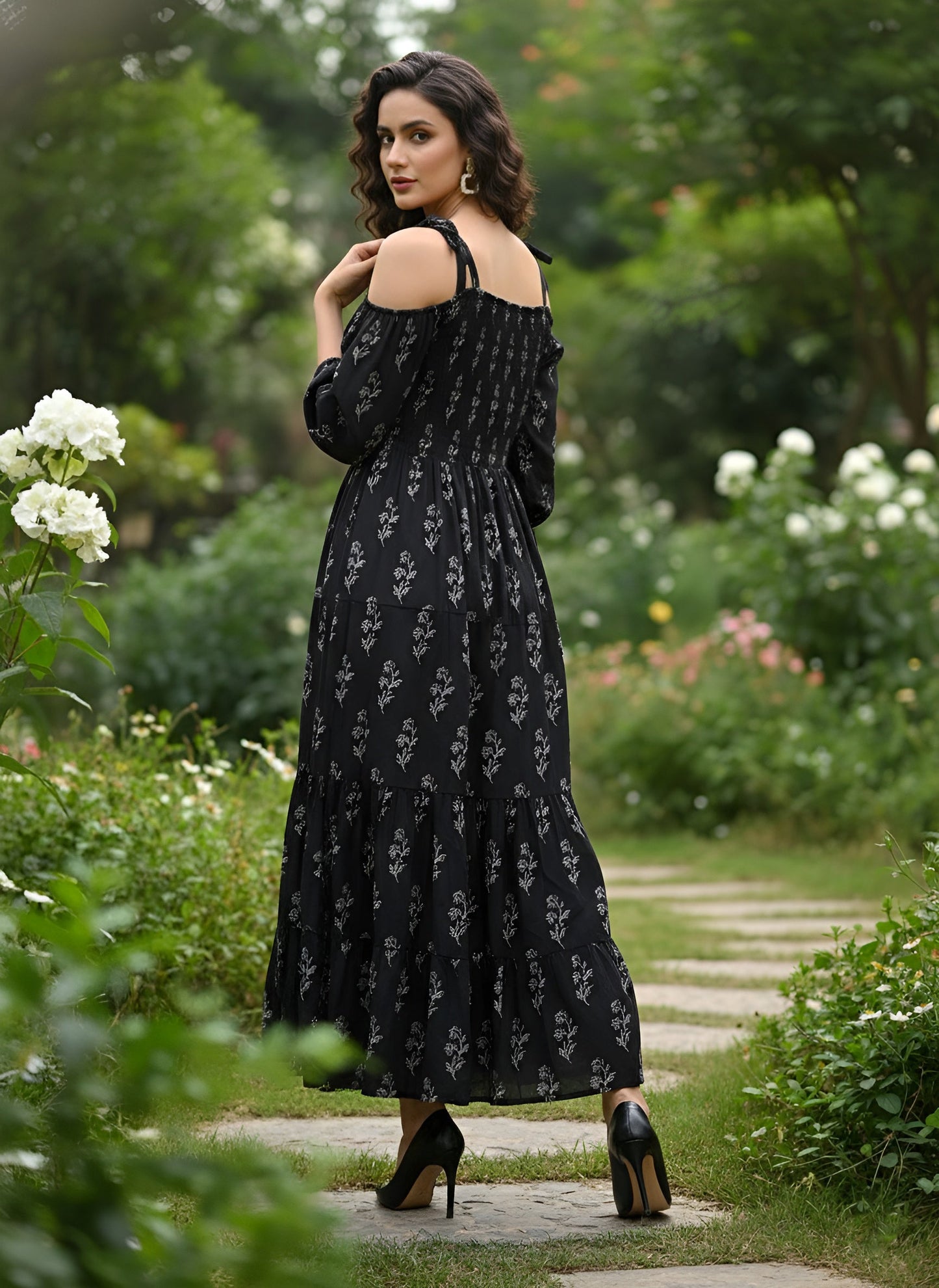 Printed Cold-Shoulder Sleeves Dress for Women