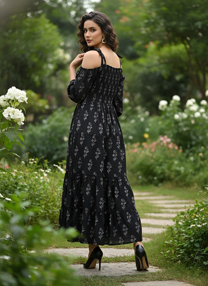 Printed Cold-Shoulder Sleeves Dress for Women