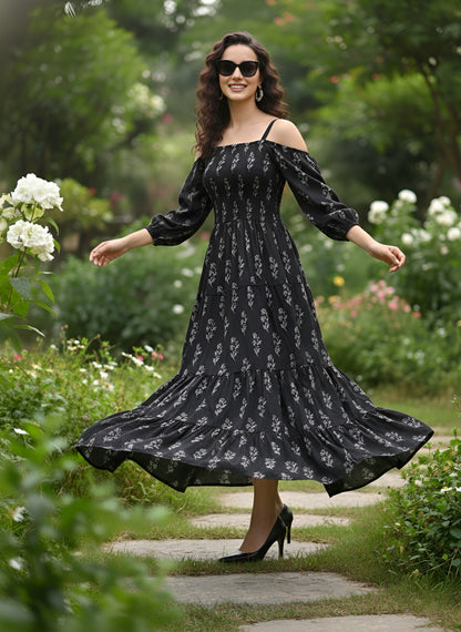 Printed Cold-Shoulder Sleeves Dress for Women