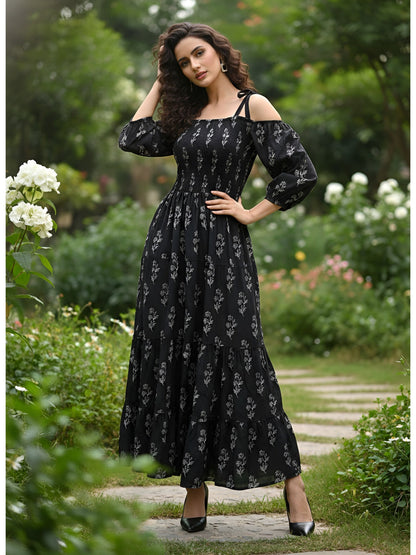Printed Cold-Shoulder Sleeves Dress for Women