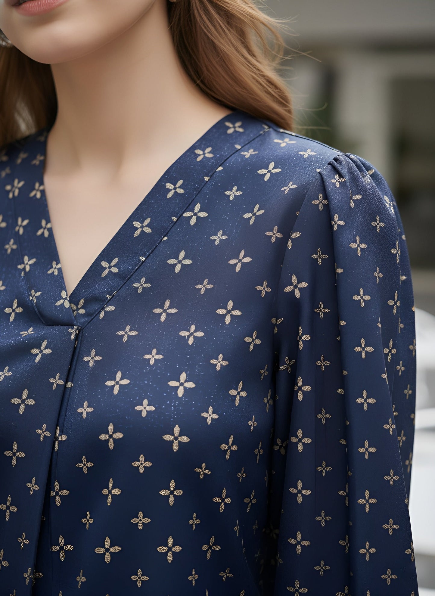 Printed Straight Top With Puff Sleeves