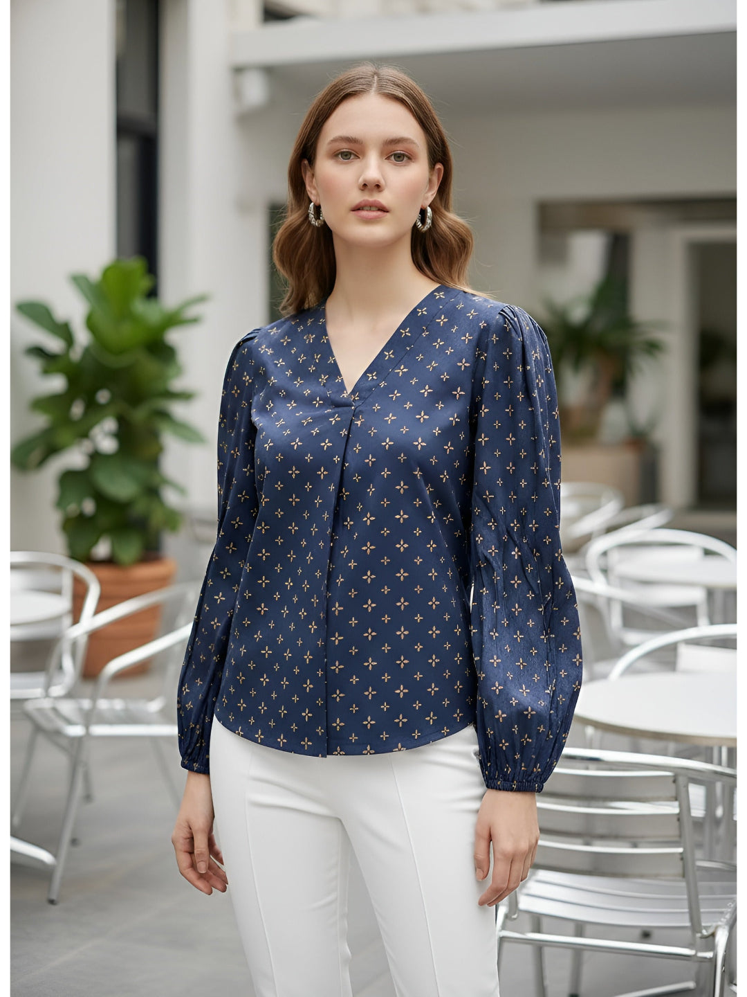 Printed Straight Top With Puff Sleeves