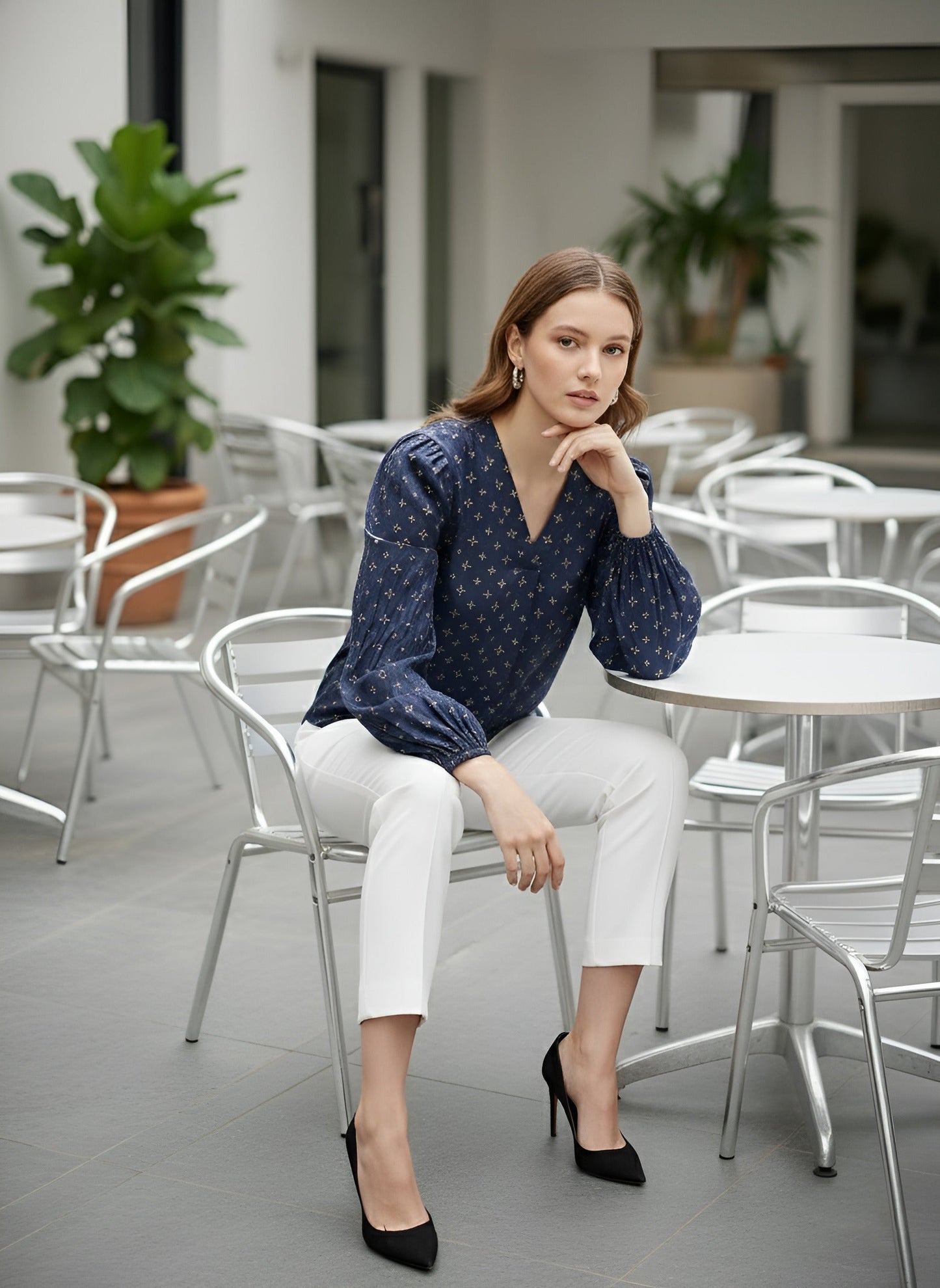 Printed Straight Top With Puff Sleeves