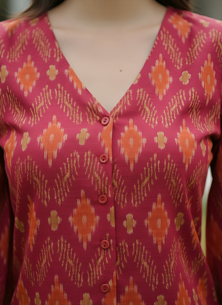 Printed Straight Top With Puff Sleeves